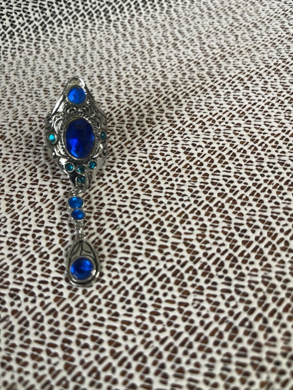 New Bohemian Indian style silver tone faux sapphire glass princess dangle ring